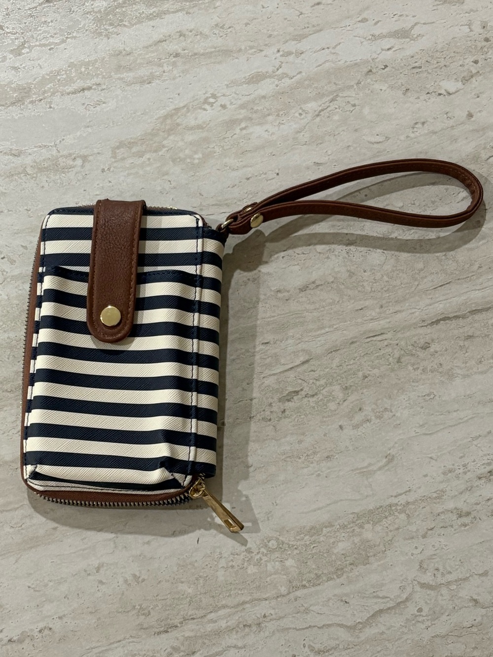 Striped Navy & White Wristlet Wallet with Brown Trim